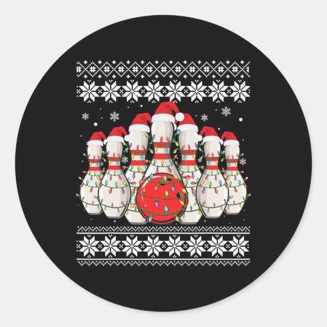 Funny Bowling Ugly Christmas Sweater Bowling Lover Classic Round Sticker (Front)