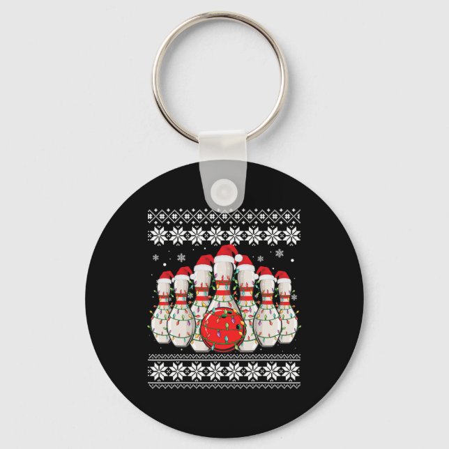 Funny Bowling Ugly Christmas Sweater Bowling Lover Key Ring (Front)