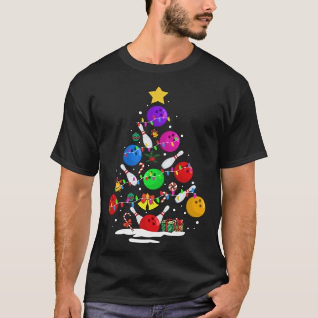 Funny Bowling Ugly Christmas Tree Lights Xmas For  T-Shirt (Front)