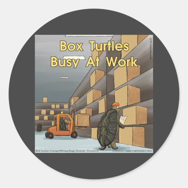 Funny Box Turtles At Work Classic Round Sticker (Front)
