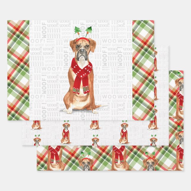 Funny Boxer Christmas Dog and Holiday Plaid Wrapping Paper Sheet (Set)