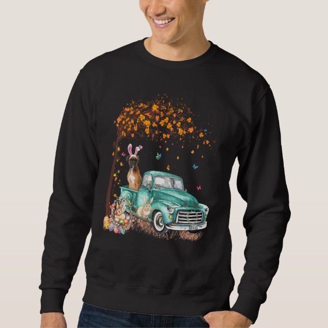 Funny Boxer   Dog Bunny Truck Hunt Eggs Tree Easte Sweatshirt (Front)