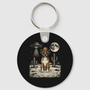 Funny Boxer Dog Cowboy Western UFO Key Ring