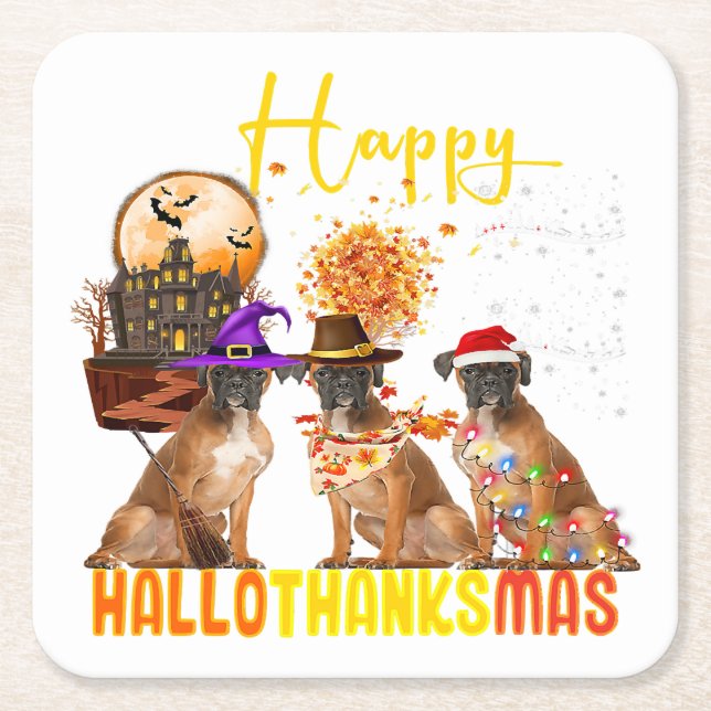 Funny Boxer Dog Happy Hallothanksmas Pet Owner Square Paper Coaster (Front)