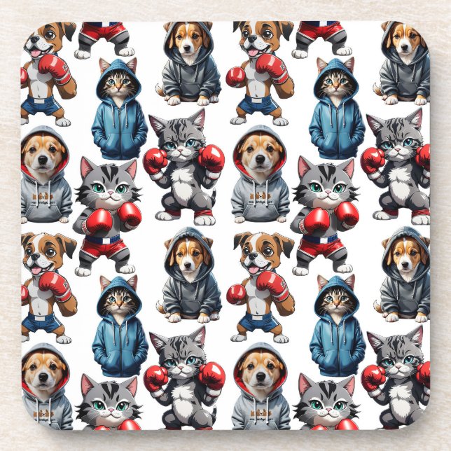 Funny Boxing Cat Dog Pattern Design  Coaster (Front)