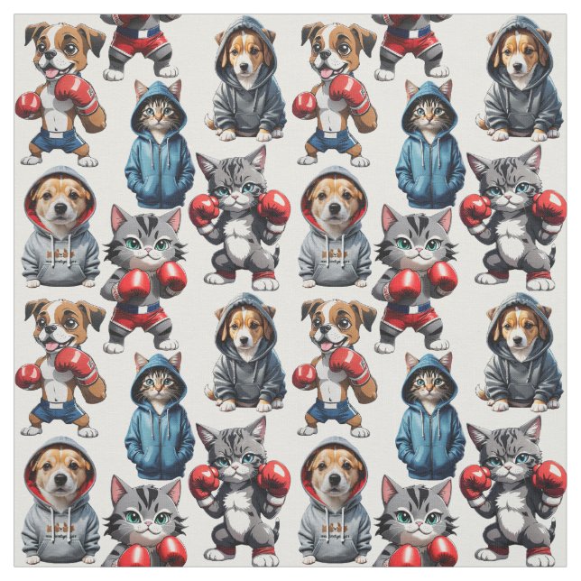 Funny Boxing Cat Dog Pattern Design  Fabric (Swatch)