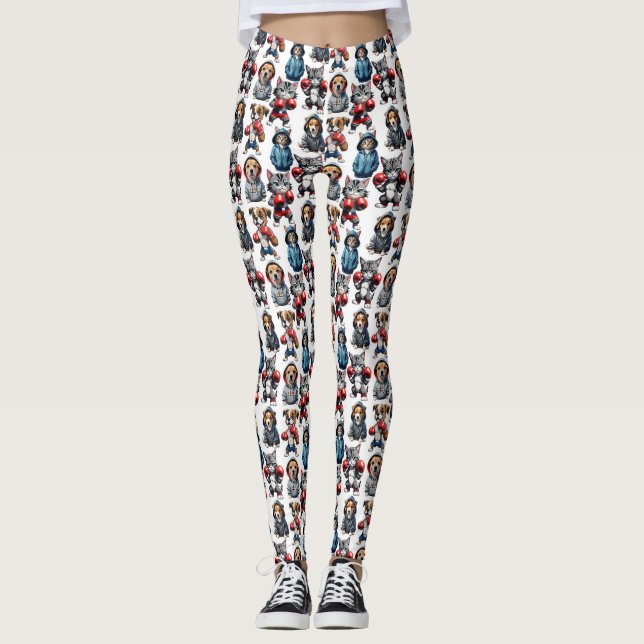 Funny Boxing Cat Dog Pattern Design  Leggings (Front)