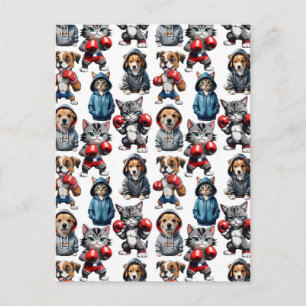 Funny Boxing Cat Dog Pattern Design  Postcard