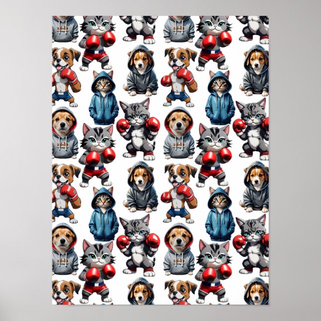 Funny Boxing Cat Dog Pattern Design  Poster (Front)