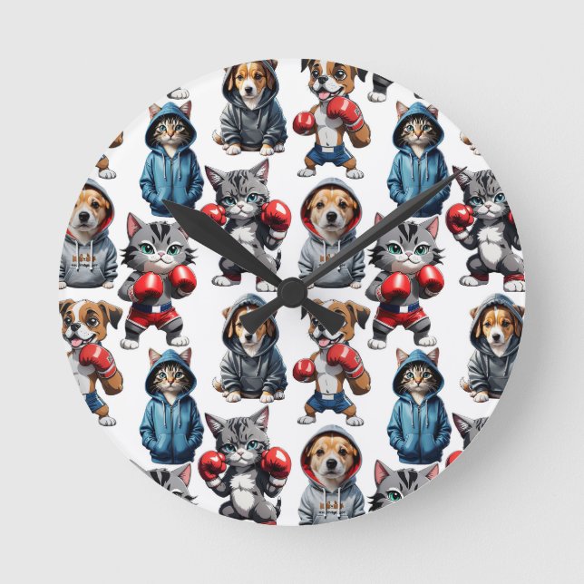 Funny Boxing Cat Dog Pattern Design  Round Clock (Front)