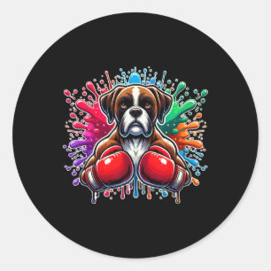 Funny Boxing Kickboxing Lover Boxer Dog Paint Spla Classic Round Sticker