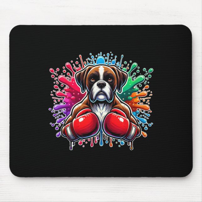 Funny Boxing Kickboxing Lover Boxer Dog Paint Spla Mouse Pad (Front)