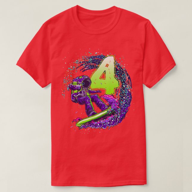 Funny Boy 4th Birthday Astronaut Outer Space Surfe T-Shirt (Design Front)