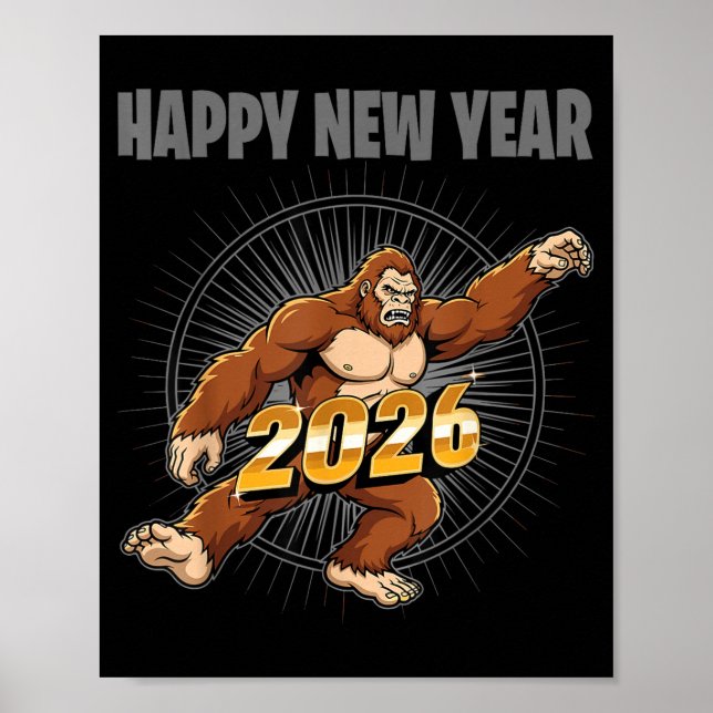 Funny Boys Nye Outfit, Mens Bigfoot Happy New Year Poster (Front)