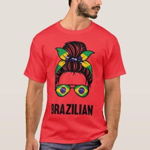 Funny Brazilian Flag Messy Bun Patriotic Brazil Pr T-Shirt