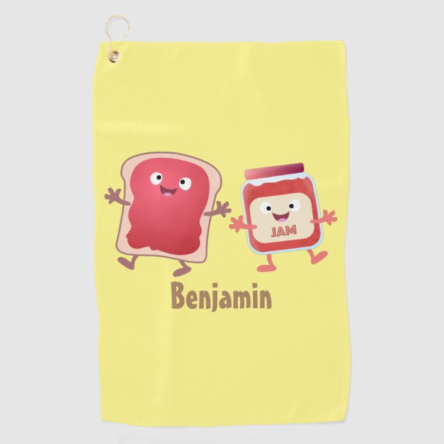 Funny bread and jam cartoon characters golf towel (Front)