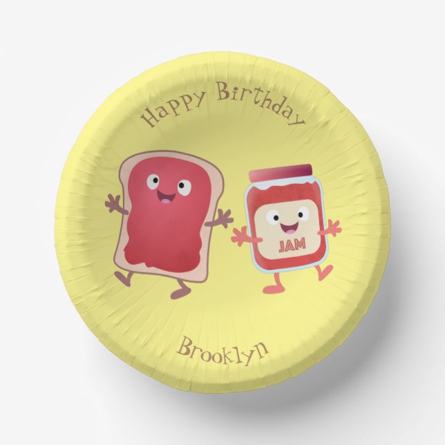 Funny bread and jam cartoon characters paper plate (Front)