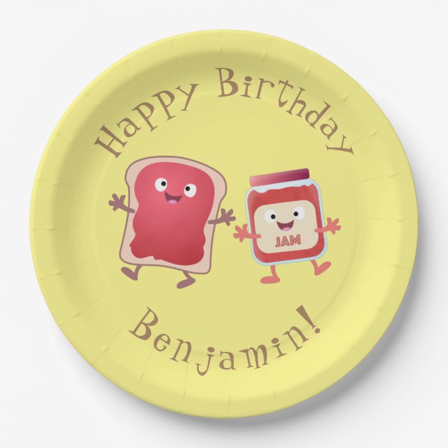 Funny bread and jam cartoon characters paper plate (Front)
