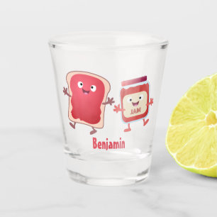 Funny bread and jam cartoon characters shot glass