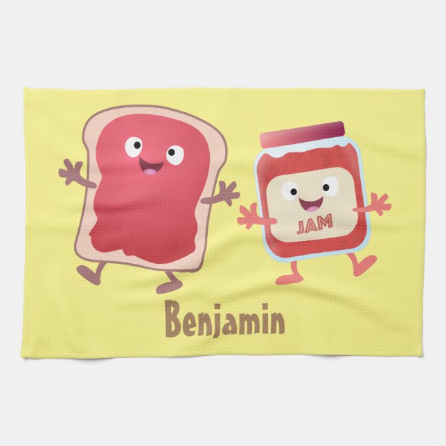 Funny bread and jam cartoon characters  tea towel (Horizontal)