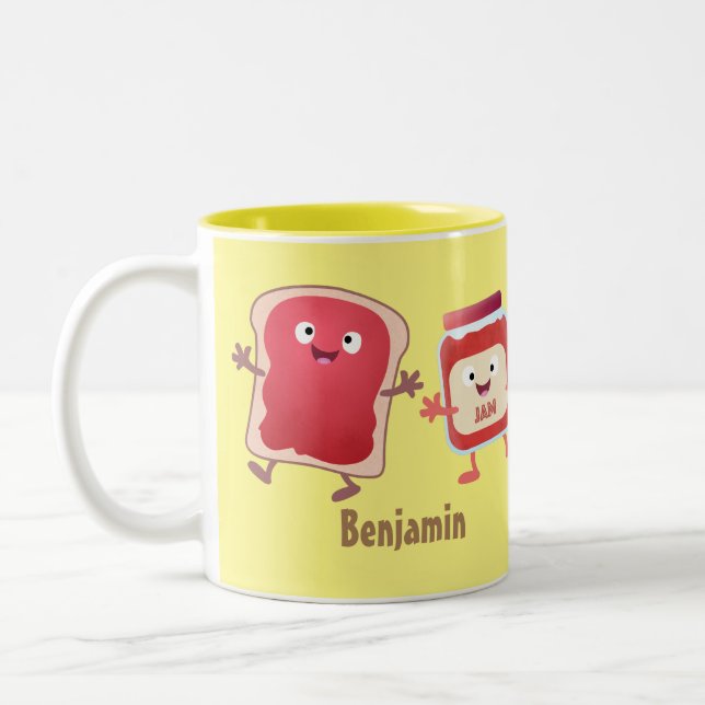 Funny bread and jam cartoon characters  Two-Tone coffee mug (Left)