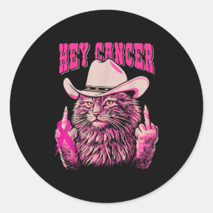 Funny Breast Cancer Awareness Western Pink Cat Wom Classic Round Sticker