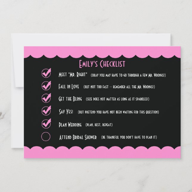 Funny Bridal Shower Invitation -- Funny Checklist (Front)