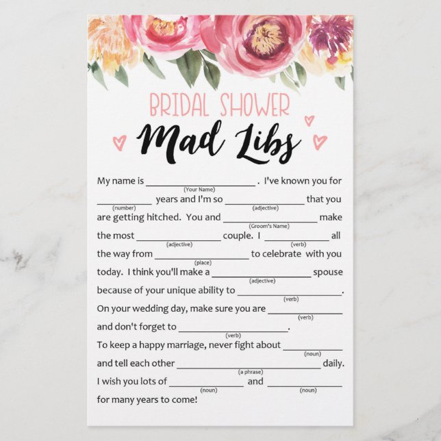 Funny Bridal Shower or Hen Party game (Front)