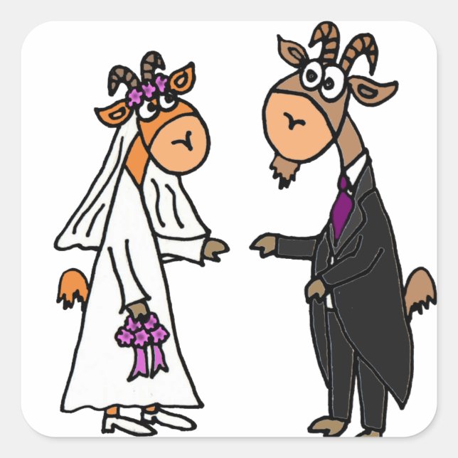 Funny Bride and Groom Goat Wedding Square Sticker (Front)