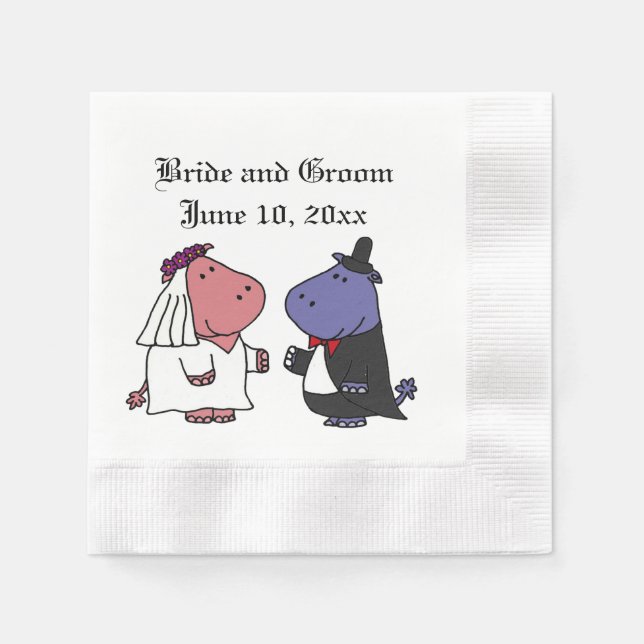Funny Bride and Groom Hippo Wedding Cartoon Napkin (Front)