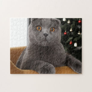 Funny British cat and christmas tree Jigsaw Puzzle