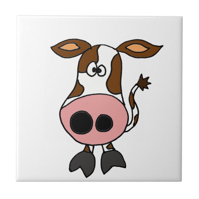 Funny Brown and White Cow Cartoon Ceramic Tile (Front)