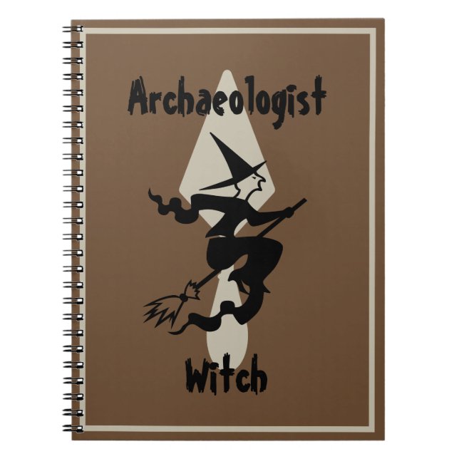 Funny Brown Archeologist Witch on a Broom Notebook (Front)