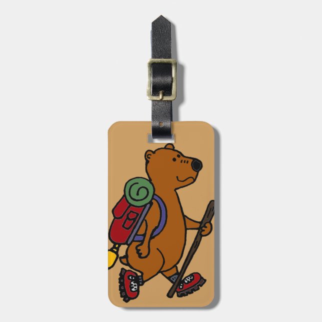 Funny Brown Bear is Hiking Luggage Tag (Front Vertical)