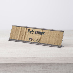 Funny brown cardboard desk name plate