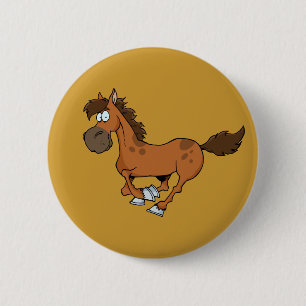 FUNNY BROWN CARTOON HORSE RUNNING GALLOPING 6 CM ROUND BADGE