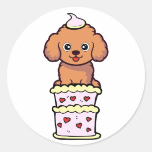 Funny brown dog jumping out of a cake classic round sticker