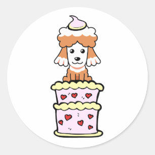 Funny brown dog jumping out of a cake classic round sticker
