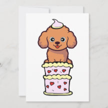 Funny brown dog jumping out of a cake