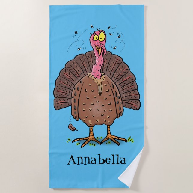 Funny brown farmyard turkey with flies cartoon beach towel (Front)