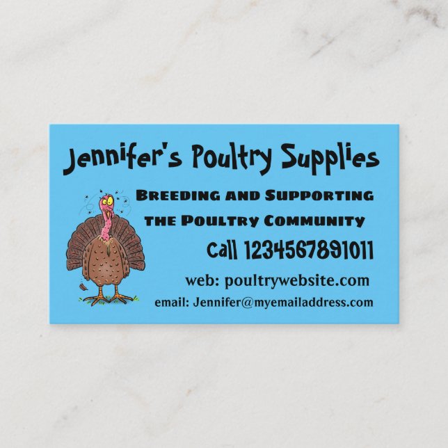 Funny brown farmyard turkey with flies cartoon business card (Front)