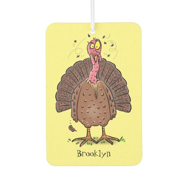 Funny brown farmyard turkey with flies cartoon car air freshener (Front)