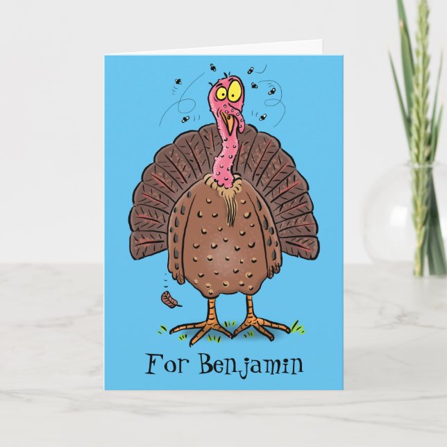 Funny brown farmyard turkey with flies cartoon card (Front)