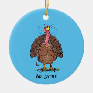 Funny brown farmyard turkey with flies cartoon ceramic ornament