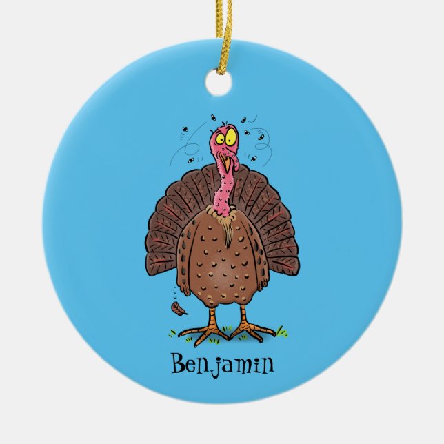Funny brown farmyard turkey with flies cartoon ceramic ornament (Front)