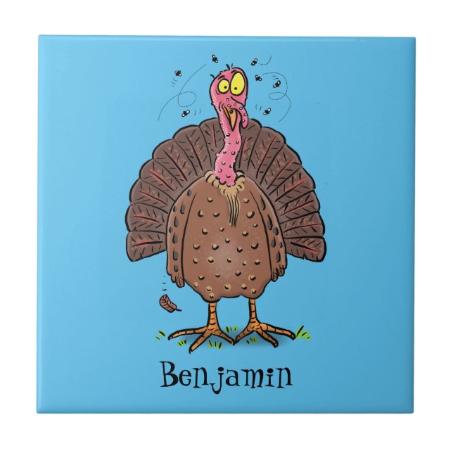 Funny brown farmyard turkey with flies cartoon ceramic tile (Front)