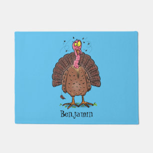Funny brown farmyard turkey with flies cartoon doormat