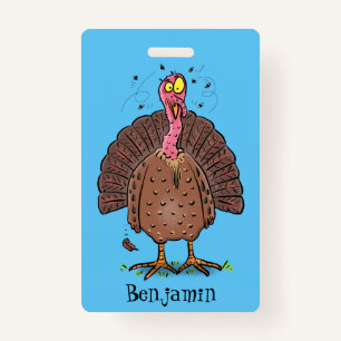 Funny brown farmyard turkey with flies cartoon ID badge