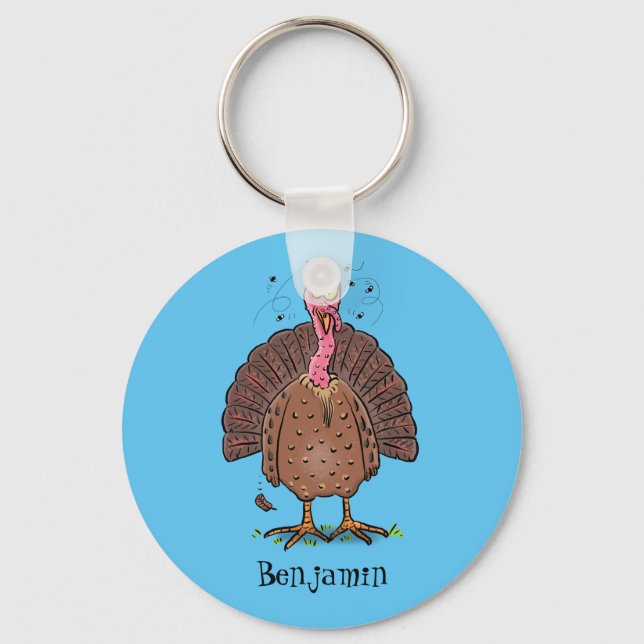 Funny brown farmyard turkey with flies cartoon key ring (Front)