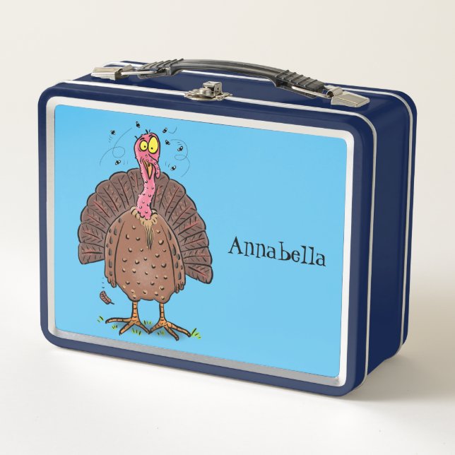 Funny brown farmyard turkey with flies cartoon metal lunch box (Front)